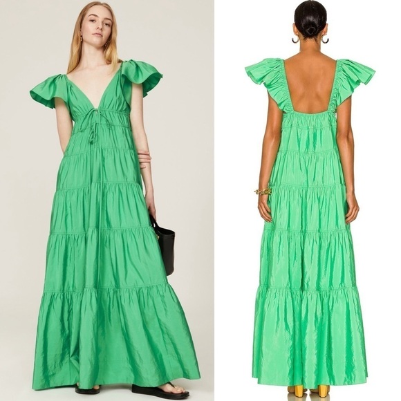 ALC Flutter Short Sleeve V-Neck Empire Waist‎ Front Tie Ruffle Tier Maxi Gown 6 - Picture 3 of 16